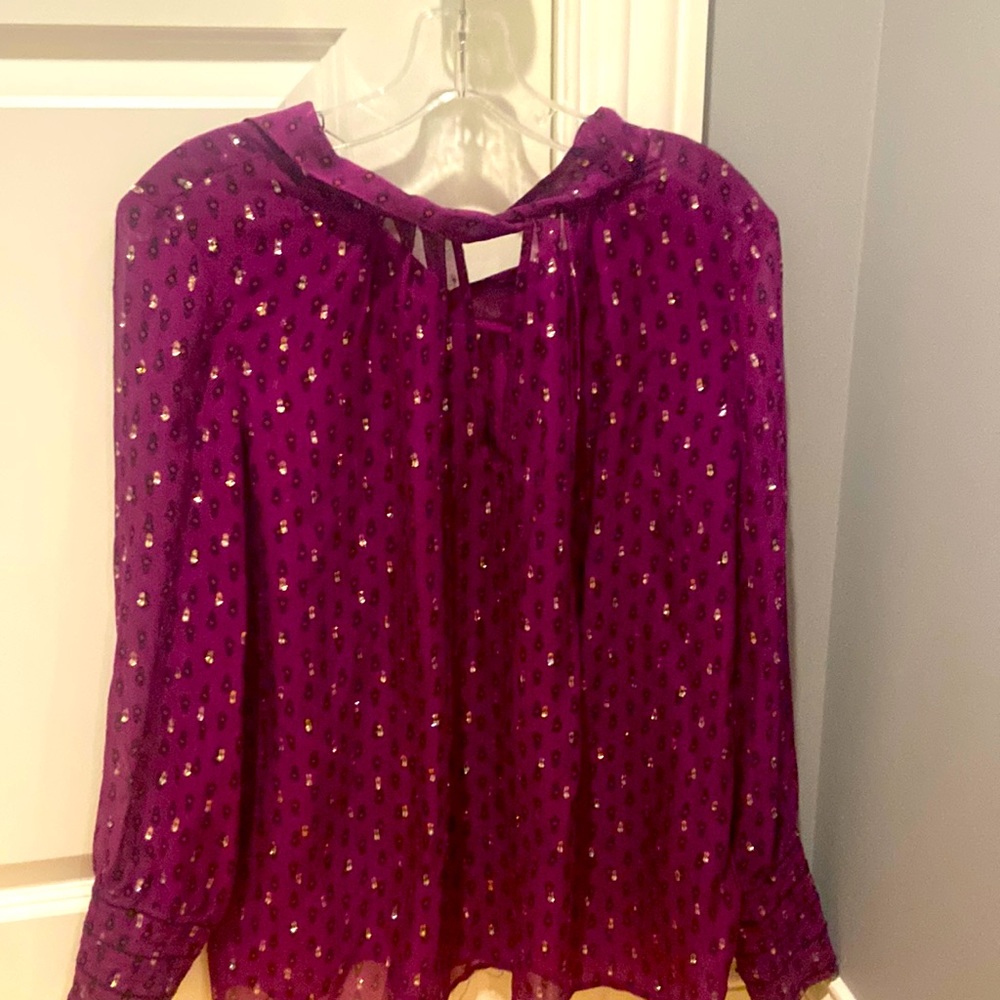 Purple sheer blouse with gold and black dots throughout. Standard size